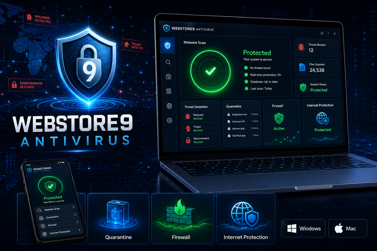 WebStore9 Antivirus software dashboard for Windows and Mac
