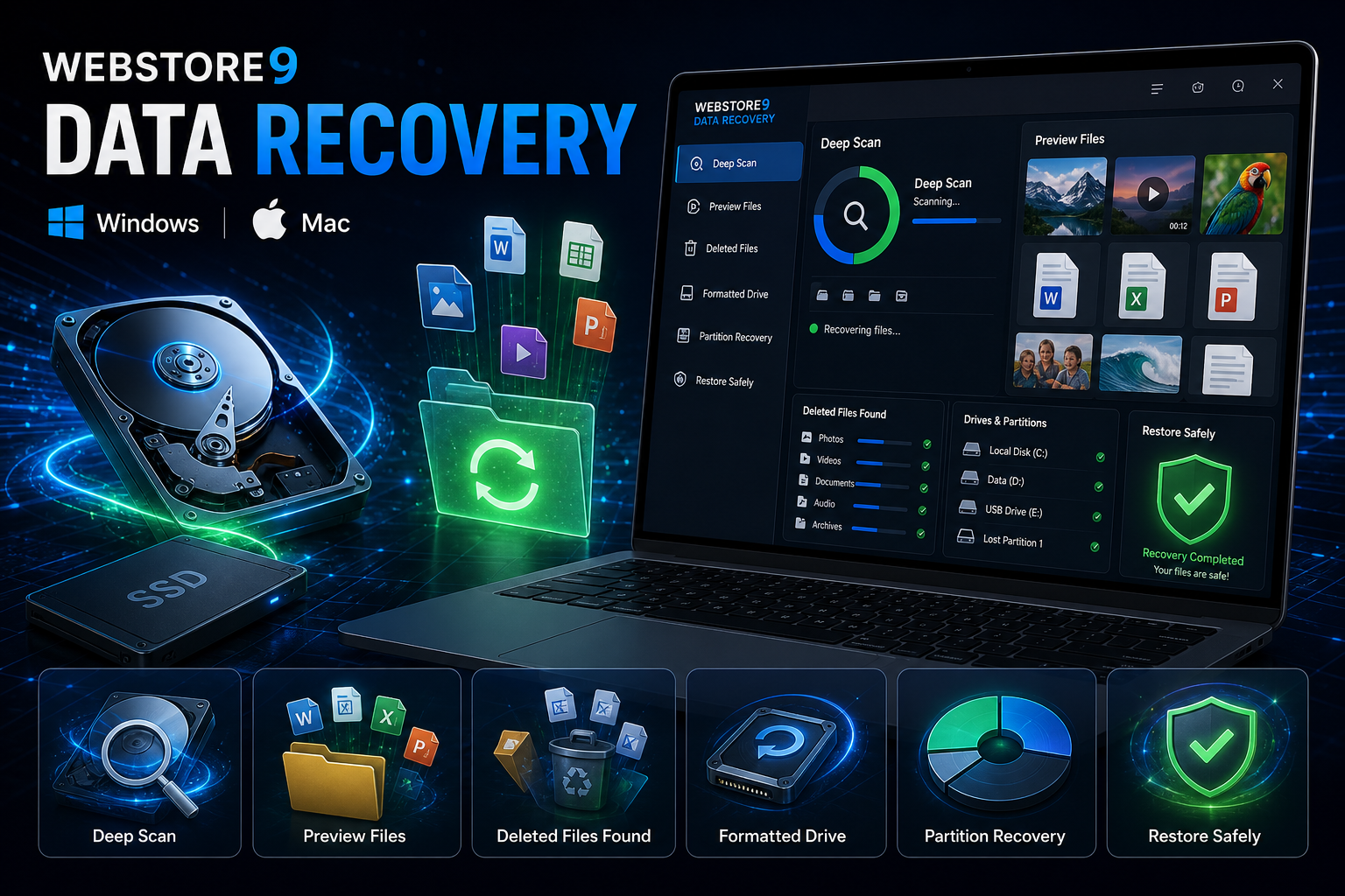 WebStore9 Data Recovery software dashboard for Windows and Mac