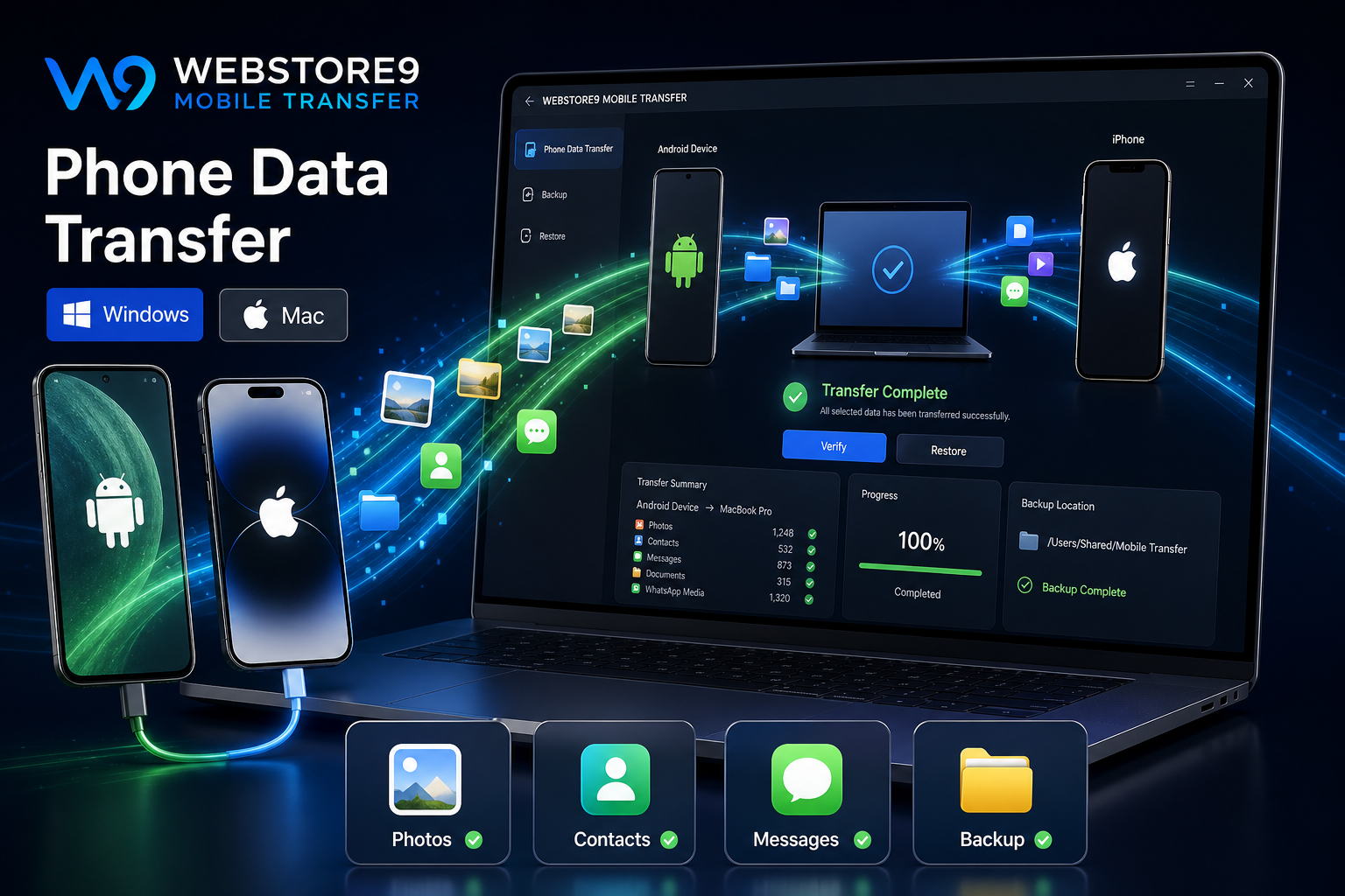 WebStore9 Mobile Data Transfer dashboard for Android and iOS backup