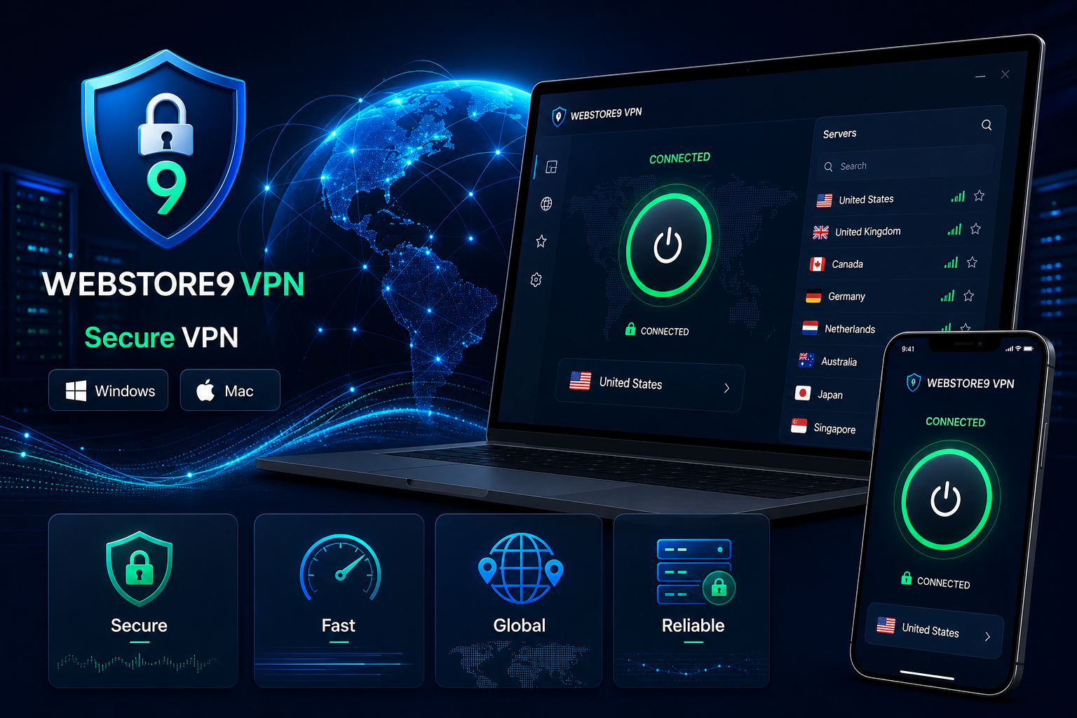 WebStore9 VPN software dashboard for Windows and Mac